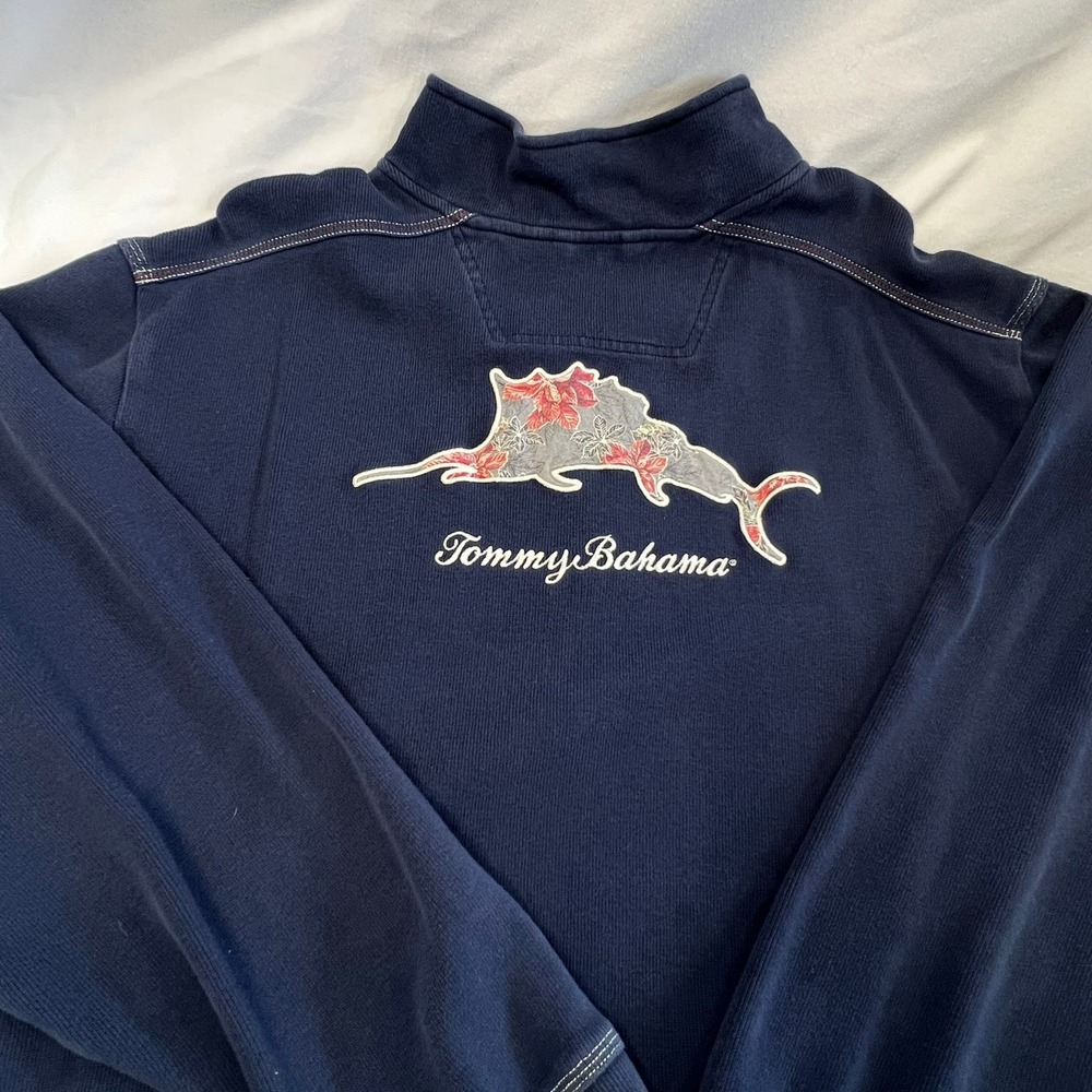 Tommy Bahama Mens 3XL Navy Quarter Zip Floral Marlin Graphic Sweatshirt Fall top